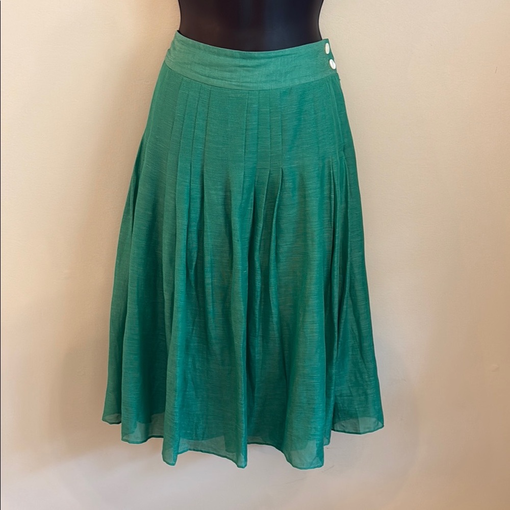 Banana Republic Emerald Green Pleated A-Line Skirt Linen-Silk Blend